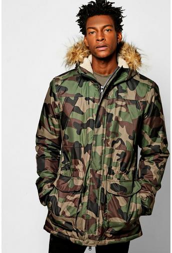 Camo Print Parka Jacket With Faux Fur Hood