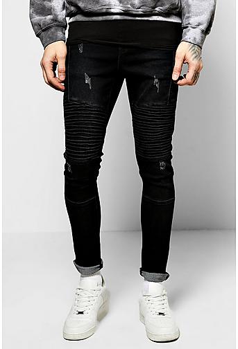 Skinny Ribbed Biker Jeans With Abrasions