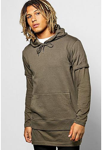 Longline Hoodie With Faux Layer & Zips
