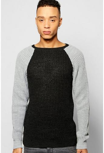 Waffle Stitch Raglan Sleeve Colour Blocked Jumper