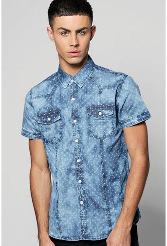 Printed Short Sleeve Denim Shirt