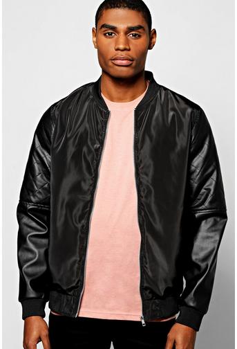 Bomber Jacket W/PU Sleeves & Biker Details