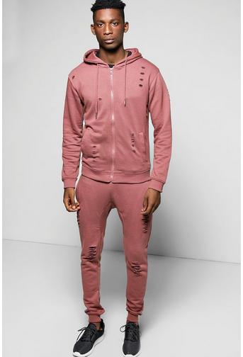 Skinny Fit Distressed Hooded Tracksuit