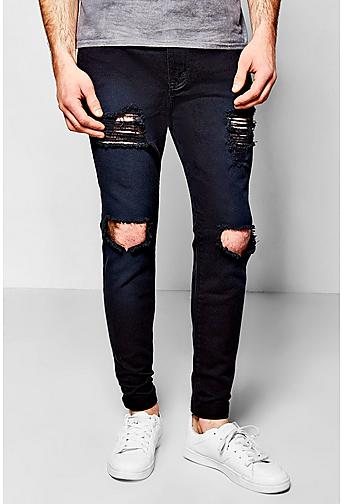 Skinny Fit Black Rigid Jeans With Open Rips