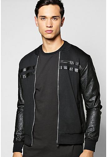Jersey Bomber With Quilted Pu Sleeves