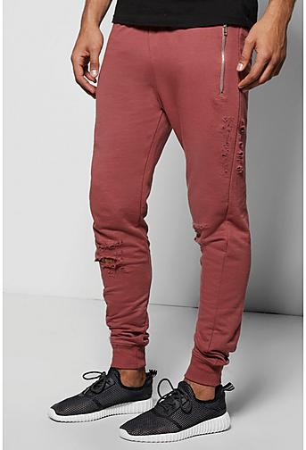 Skinny Fit Distressed Joggers With Zip Pockets