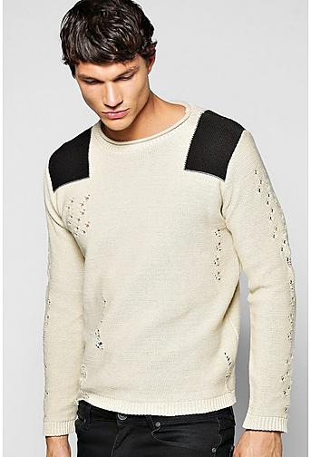 Destroyed Crew Neck Jumper With Shoulder Patches