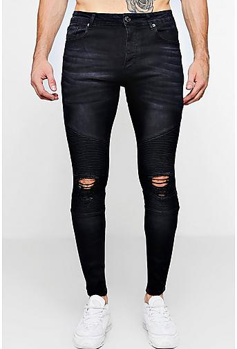 Washed Black Biker Detail Skinny Fit Jeans