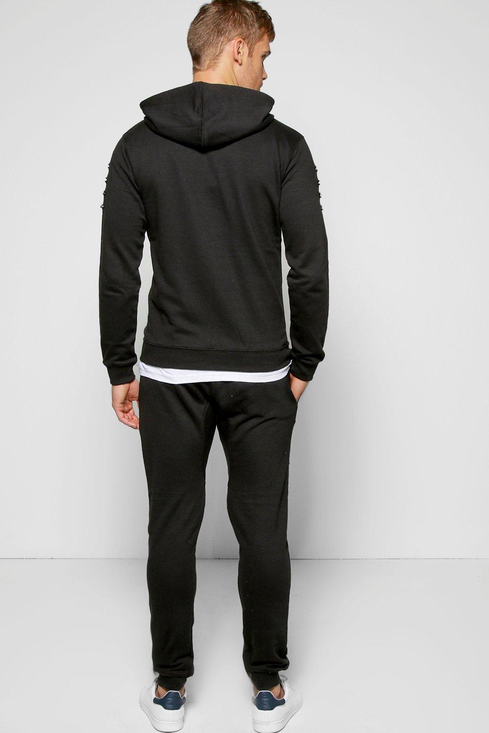 Boohoo Mens Skinny Fit Ripped Hooded Tracksuit