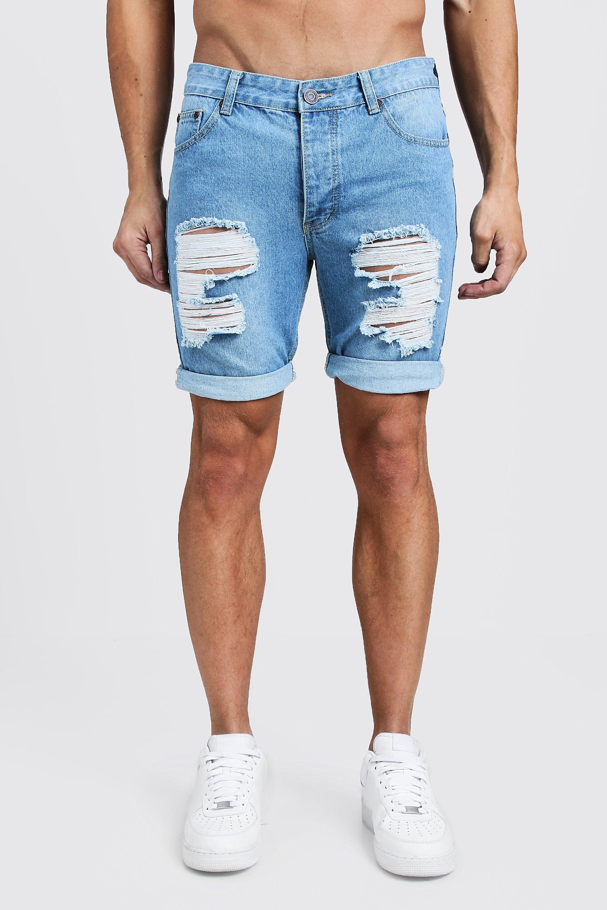 Skinny Fit Rigid Denim Shorts with Extreme Rips