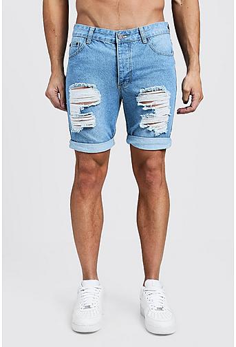 Skinny Fit Rigid Denim Shorts with Extreme Rips