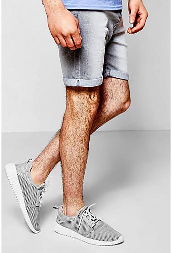 Skinny Fit Light Grey Denim Shorts in Mid Length