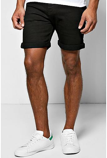 Skinny Fit Black Denim Shorts in Mid Length
