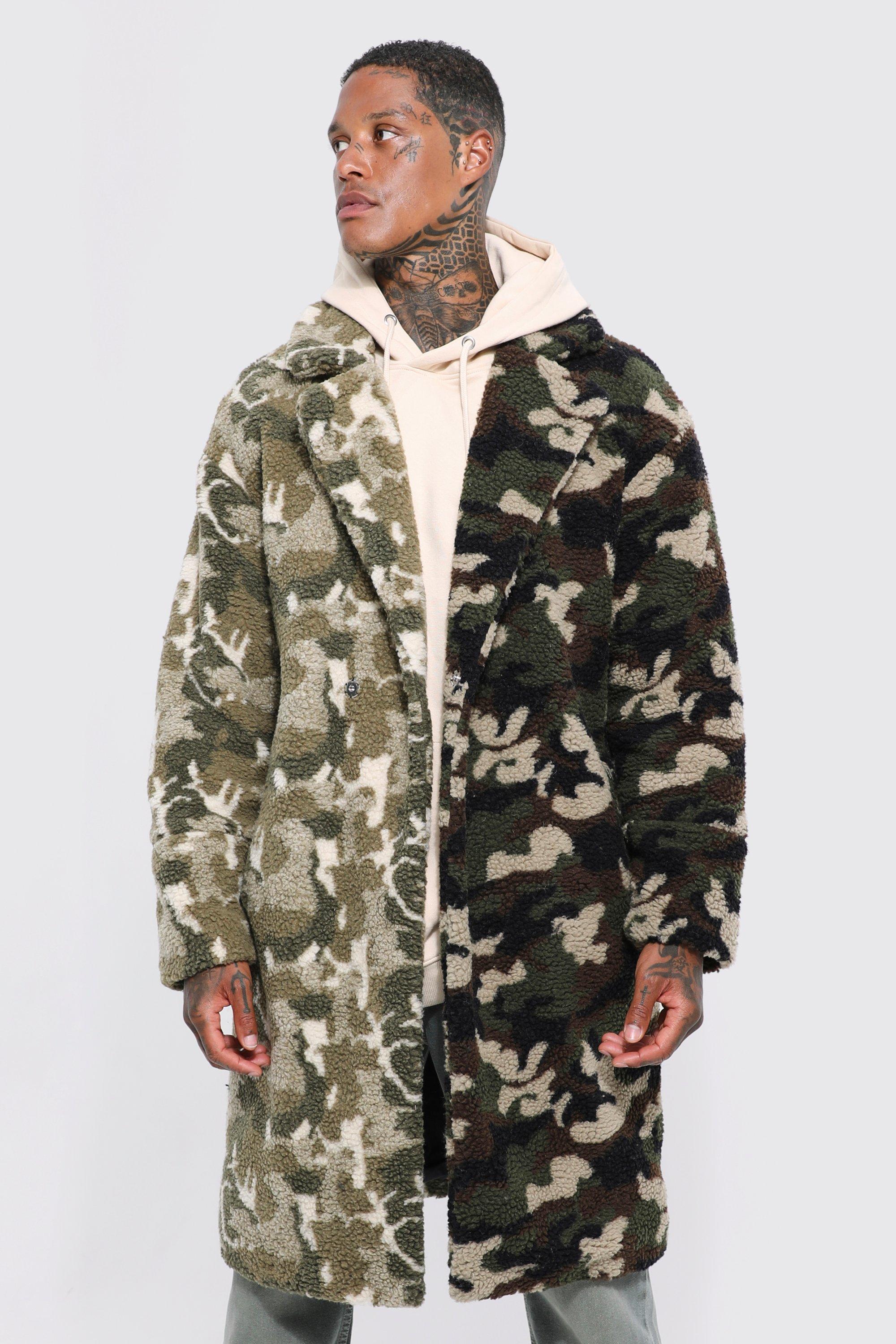 manteau long bicolore effet camouflage en polaire homme - kaki - xs, kaki