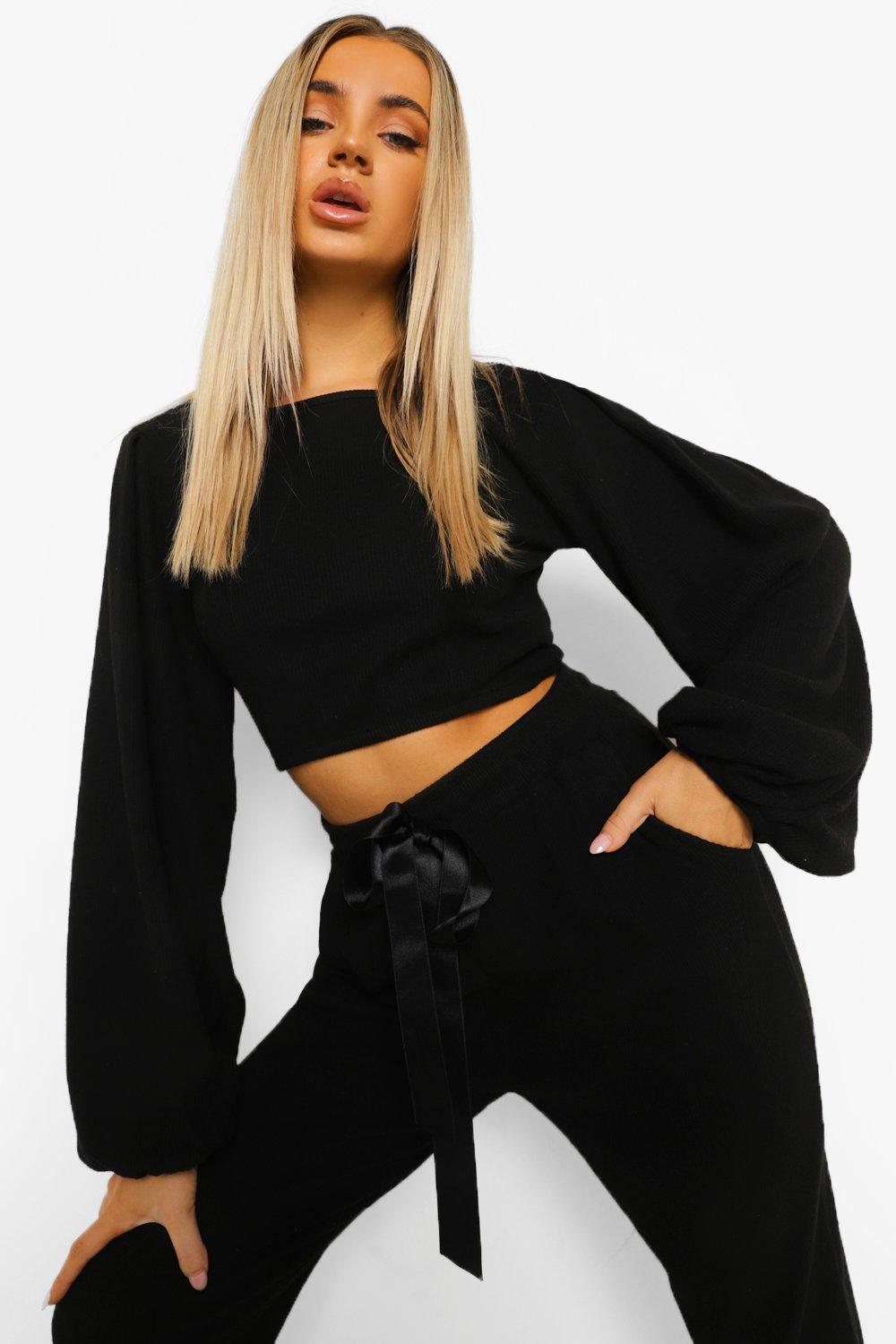boohoo Womens Brushed Rib Balloon Sleeve Lounge Top - Black - 10, Black
