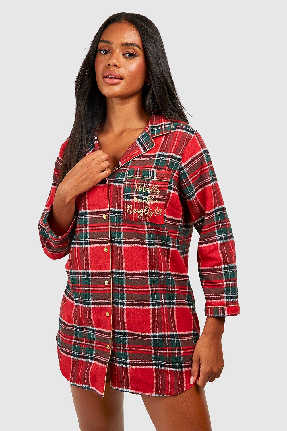 boohoo Women's Christmas Naughty List Embroidered Flannel Night Shirt|Size: 14|red