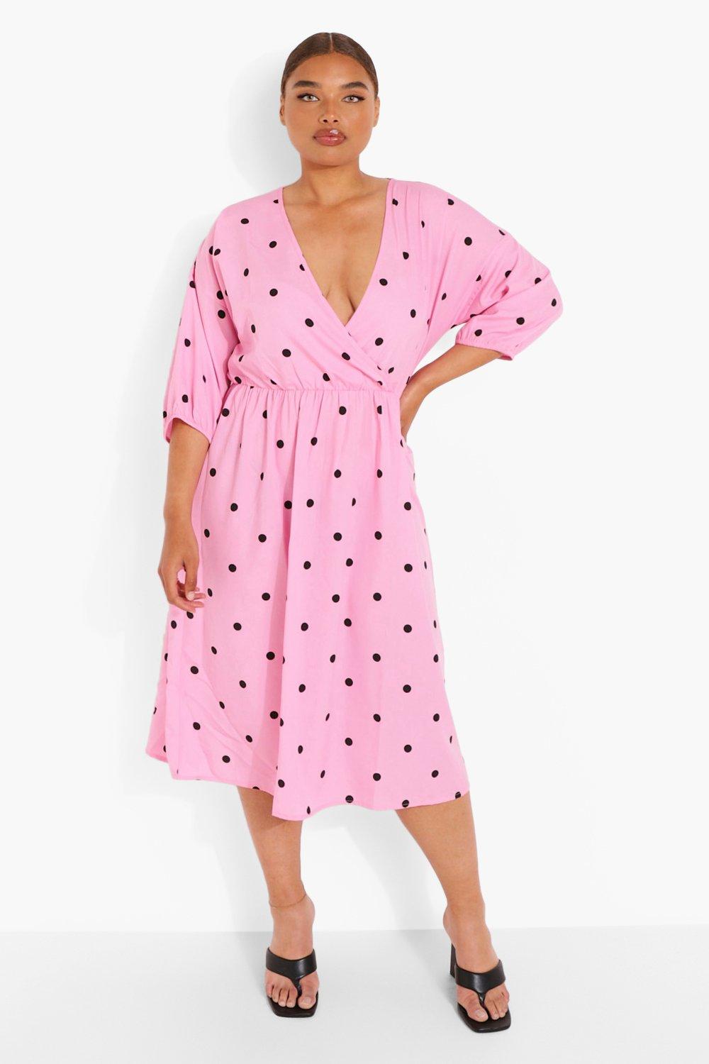 Boohoo Plus Polka Dot Wrap Midi Dress, Pink