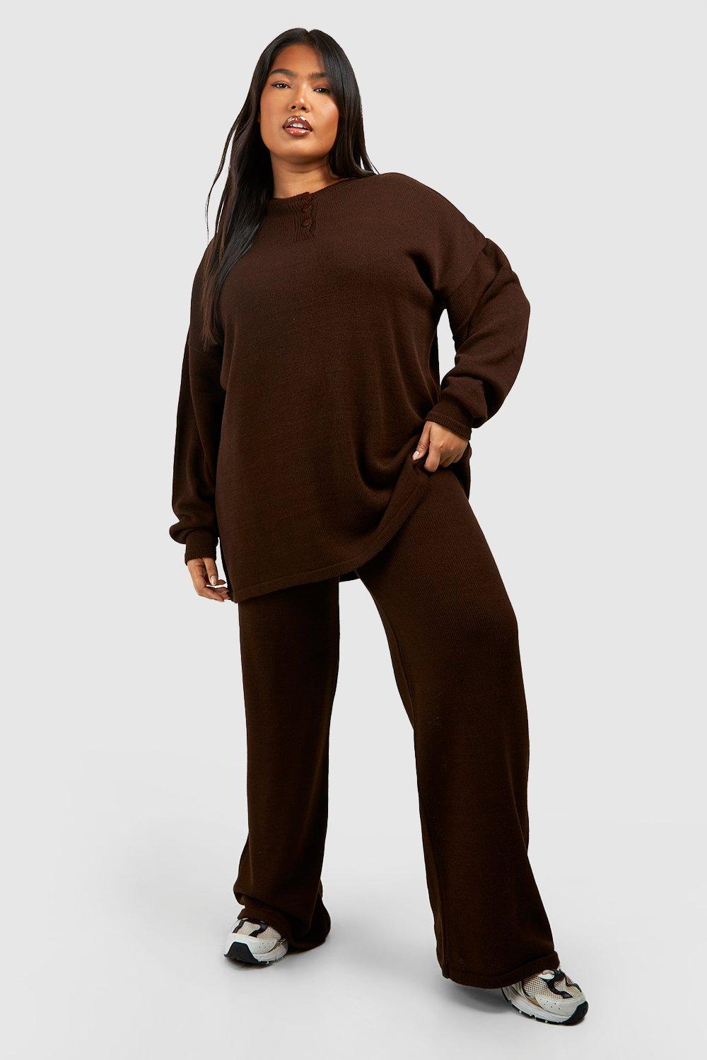 Image of Set Plus Size in maglia - maglione a girocollo & pantaloni, Brown