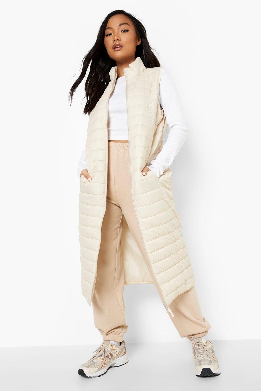 Boohoo Petite Midi Bodywarmer Met Hoge Kraag, Stone