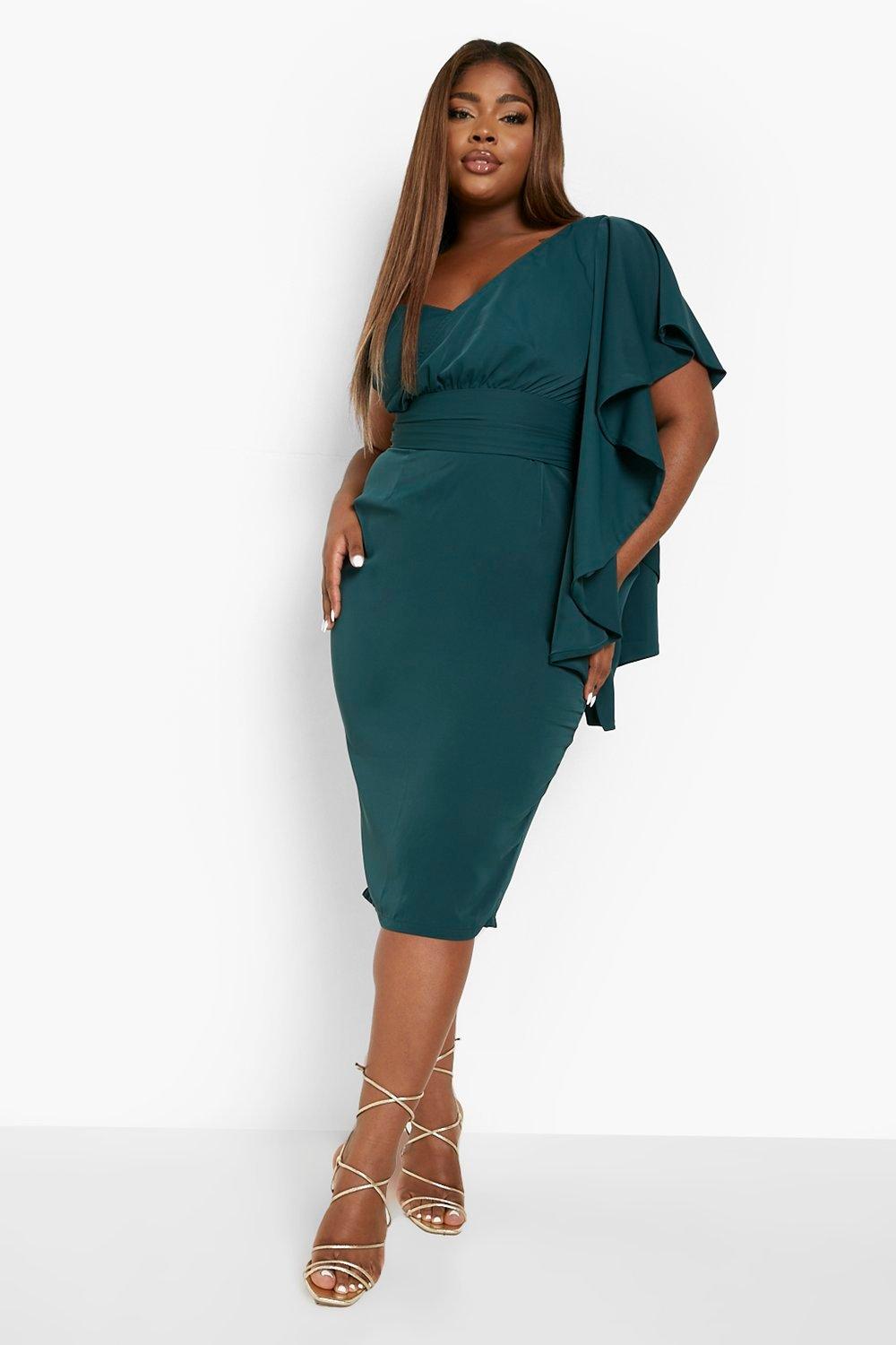 Womens Plus Satin Ruffle Sleeve Midi Dress - Green - 20