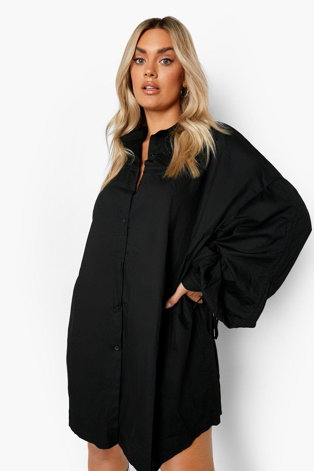 Plus - Oversize Skjortklänning Med Rynkad Ärm, Black