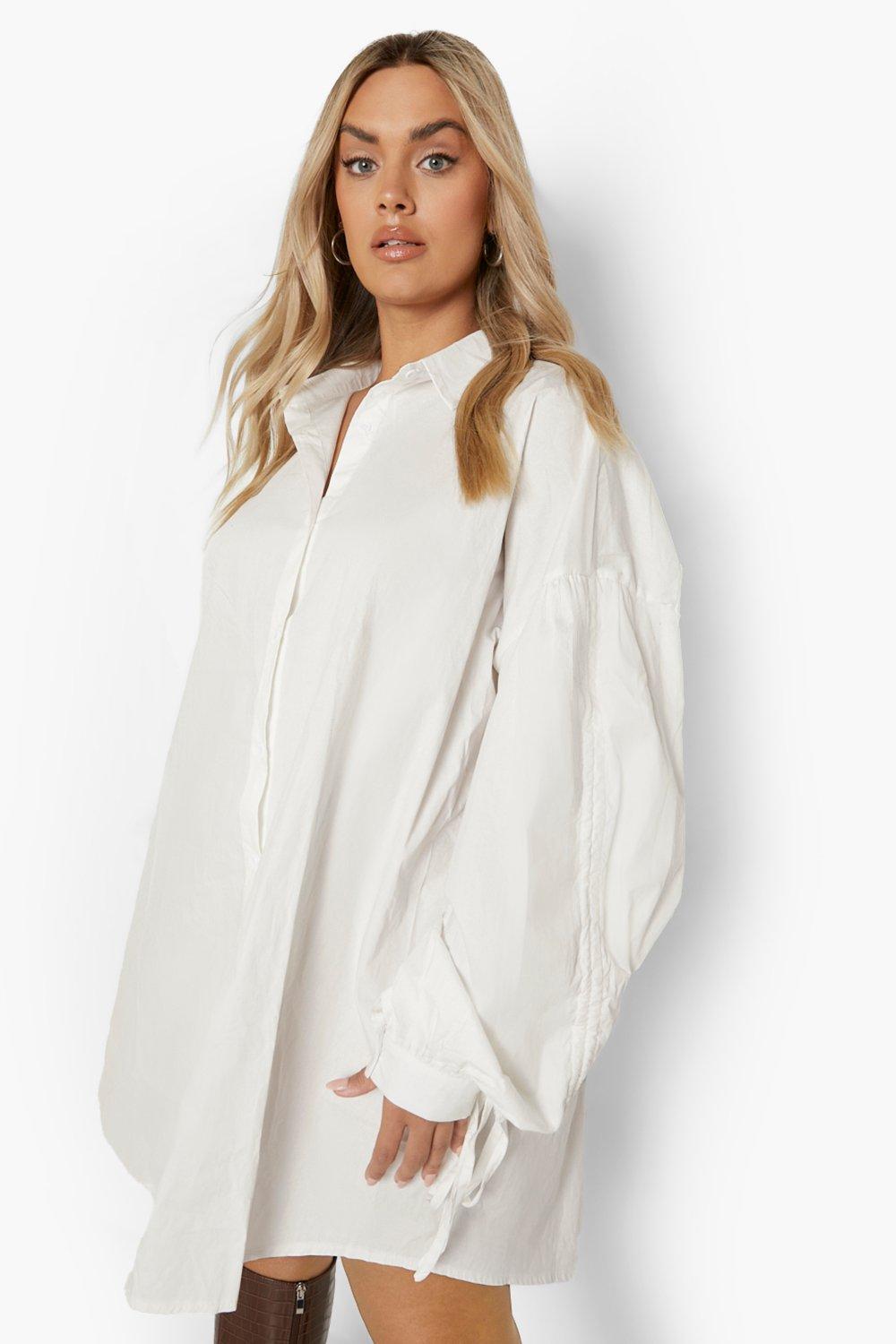 Plus - Oversize Skjortklänning Med Rynkad Ärm, White