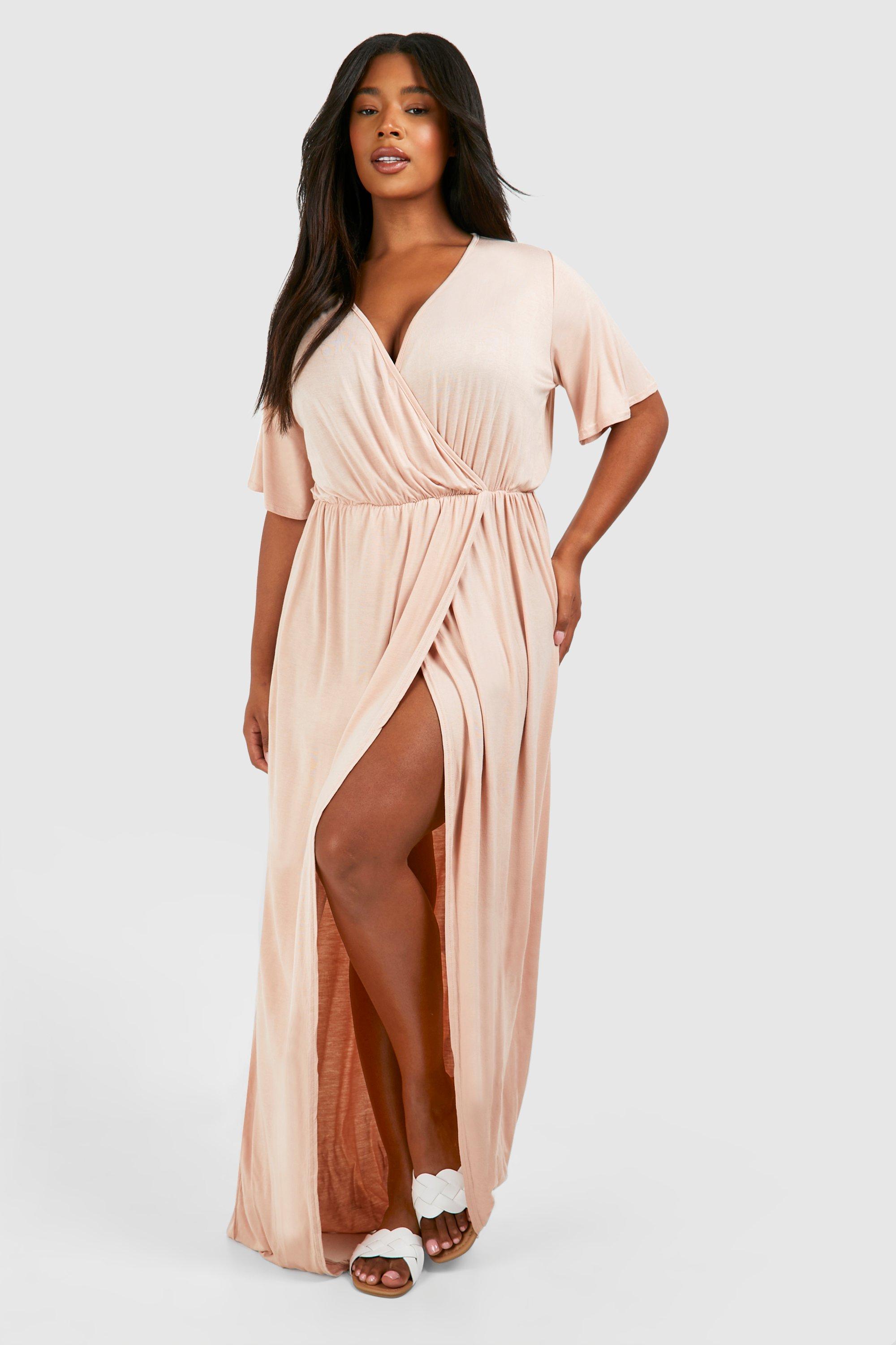 Womens Plus Angel Sleeve Wrap Maxi Dress - Pink - 18