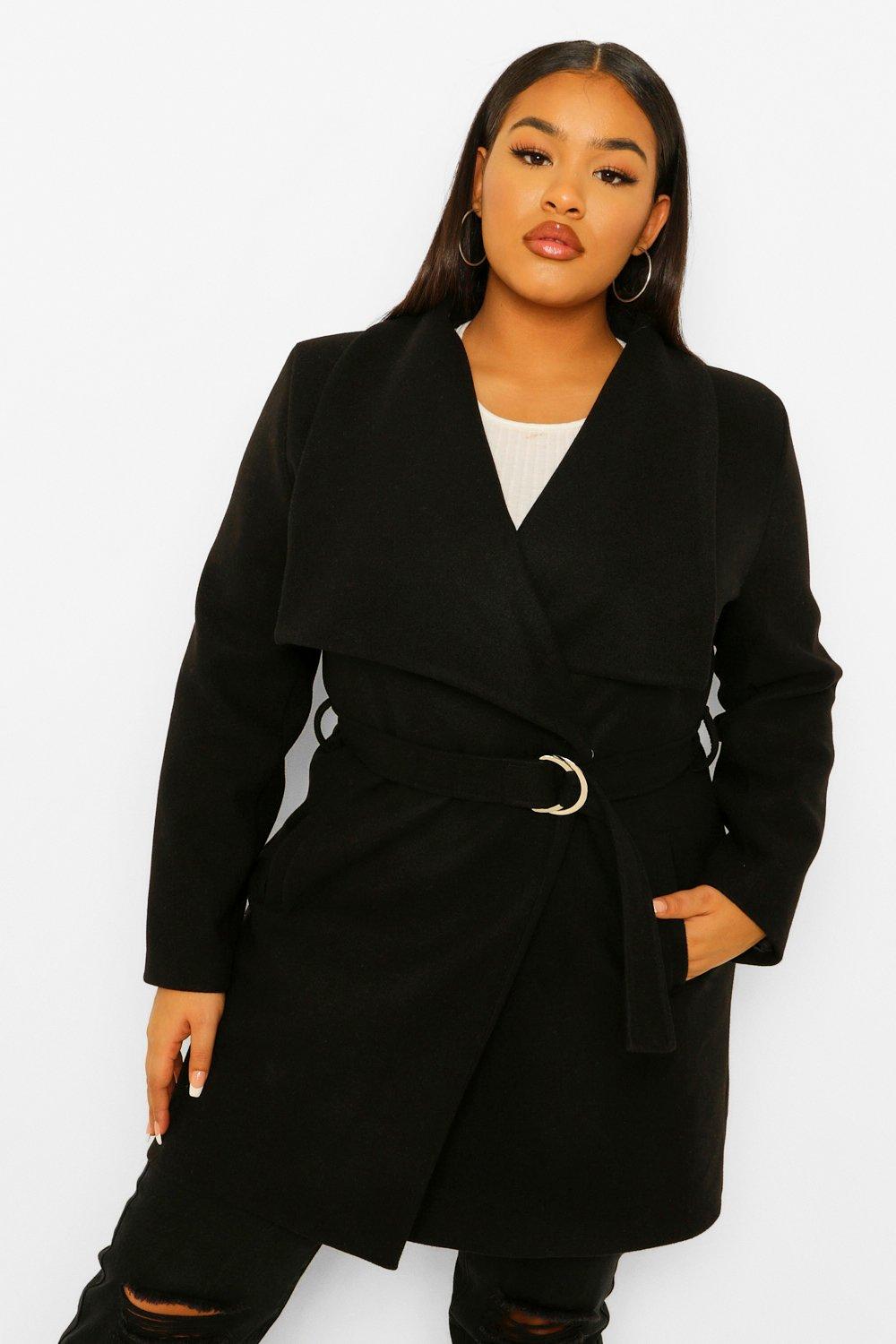 boohoo Womens Plus Wool Look Buckle Trim Waterfall Duster Coat - Black - 18, Black