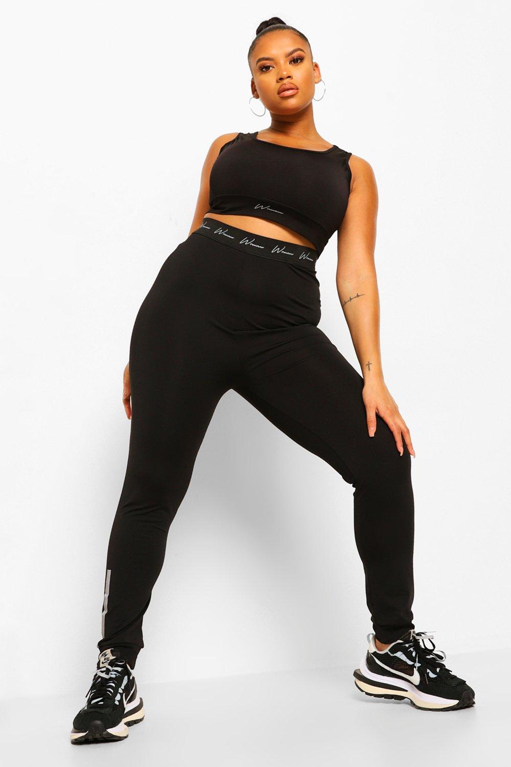 Womens Plus Activewear 'Woman' Compression Gym Leggings - Black - 22, Black