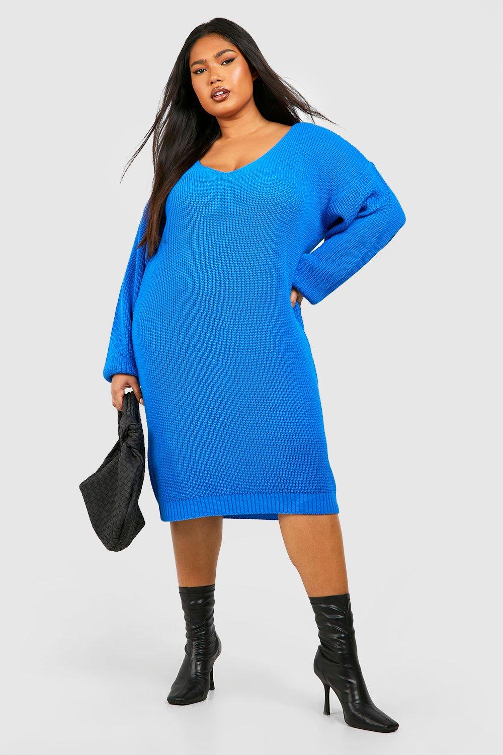 Womens Plus V Neck Sweater Mini Dress - Blue - 24