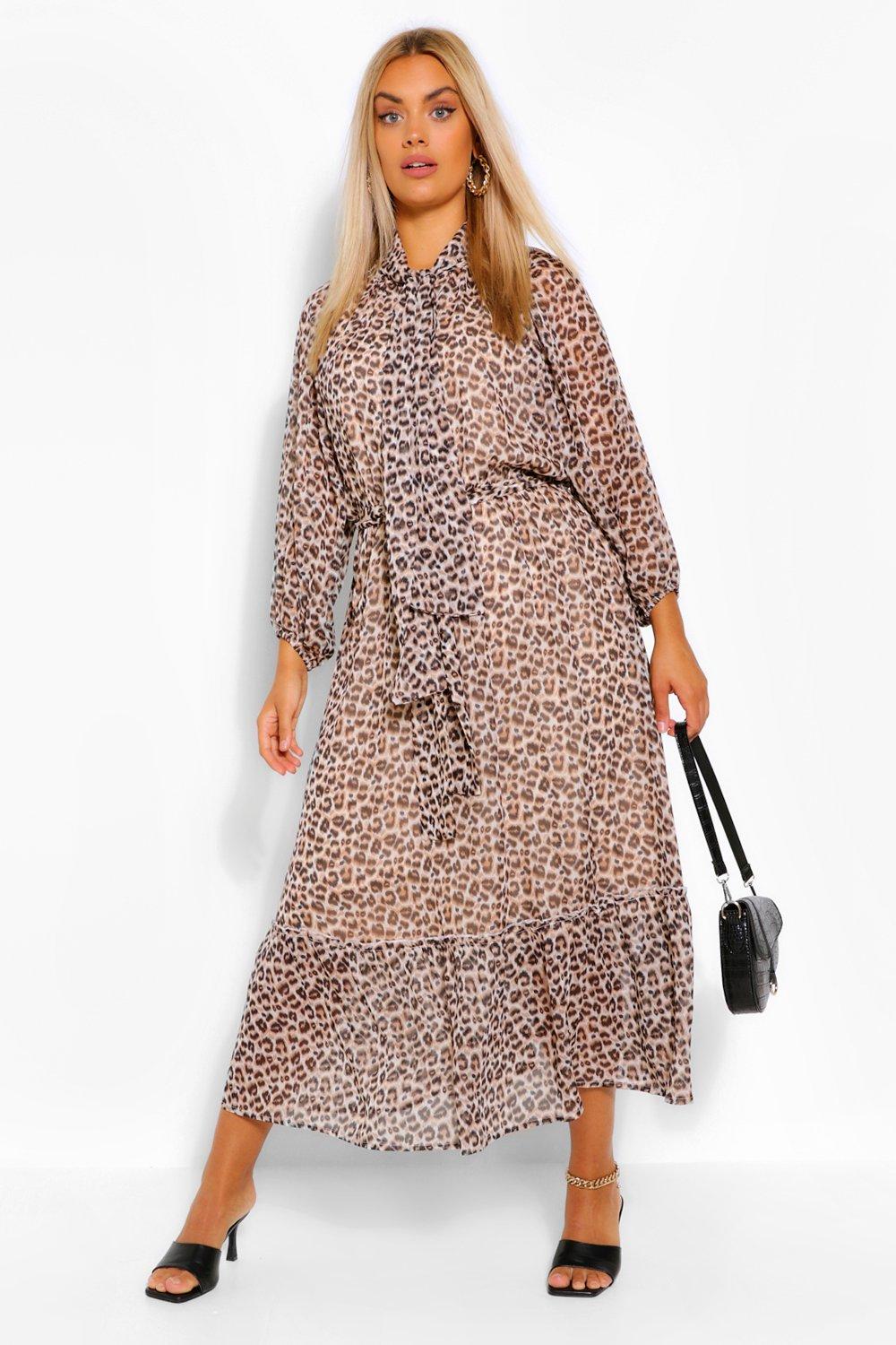 boohoo Womens Plus Leopard Balloon Sleeve Tie Neck Midaxi Dress - Brown - 18, Brown