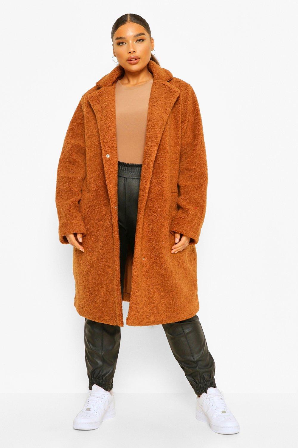 boohoo Womens Plus Faux Teddy Fur Mid Length Duster - Orange - 22, Orange
