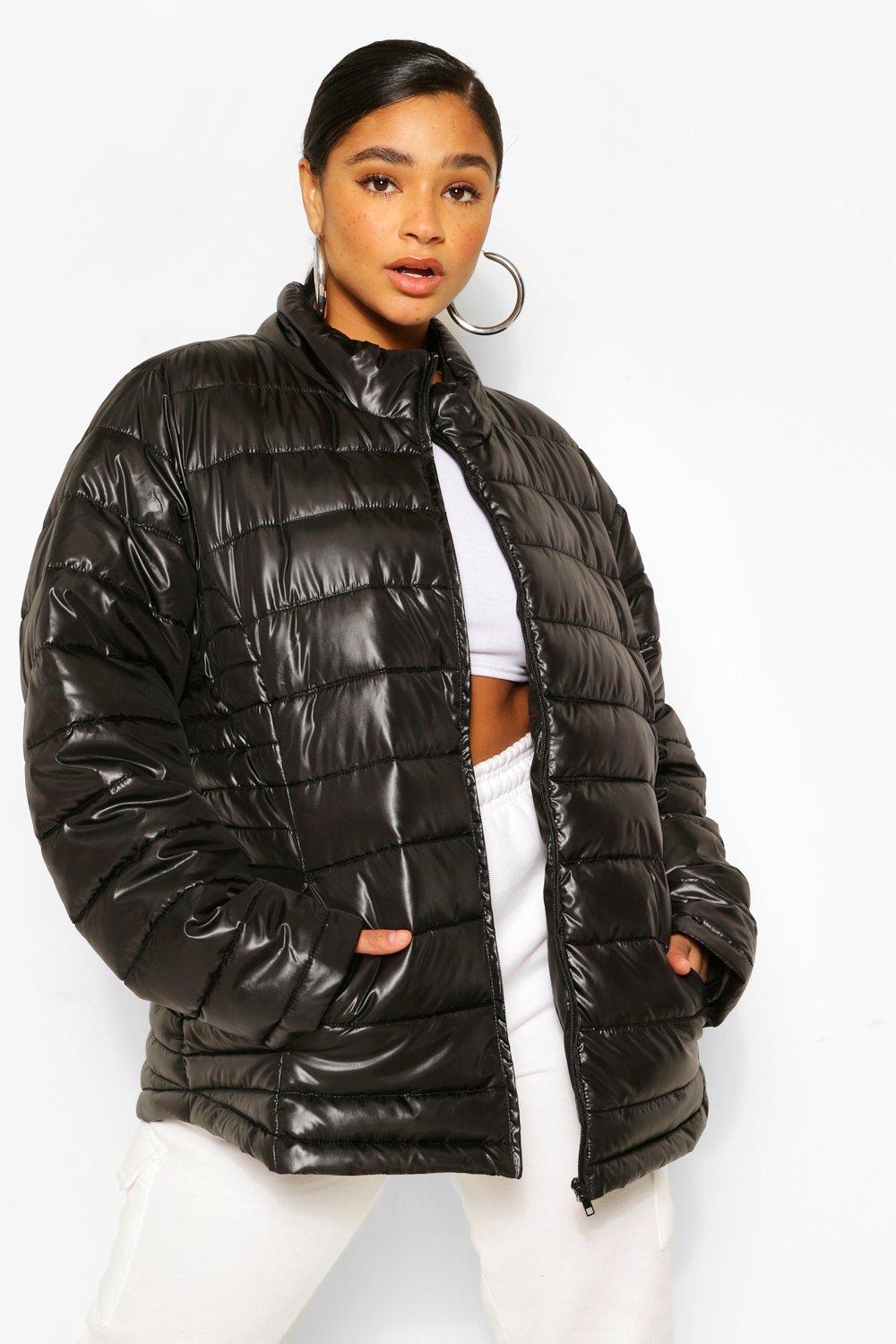 boohoo Womens Plus High Shine Funnel Neck Puffer Coat - Black - 20, Black