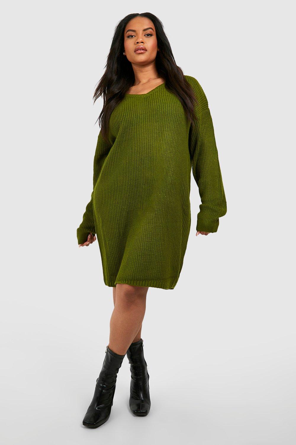 Womens Plus Rib V Neck Sweater Dress - Green - 12-14 | Boohoo.com (US & CA)