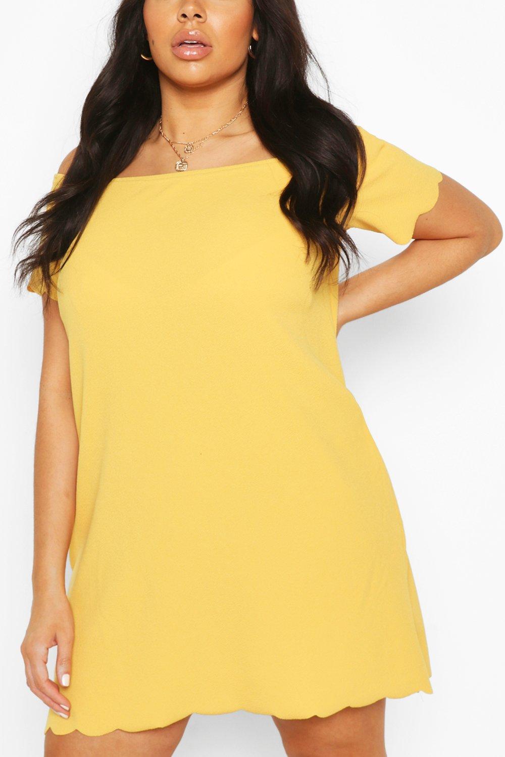 Womens Plus Off The Shoulder Scallop Shift Dress - Yellow - 22