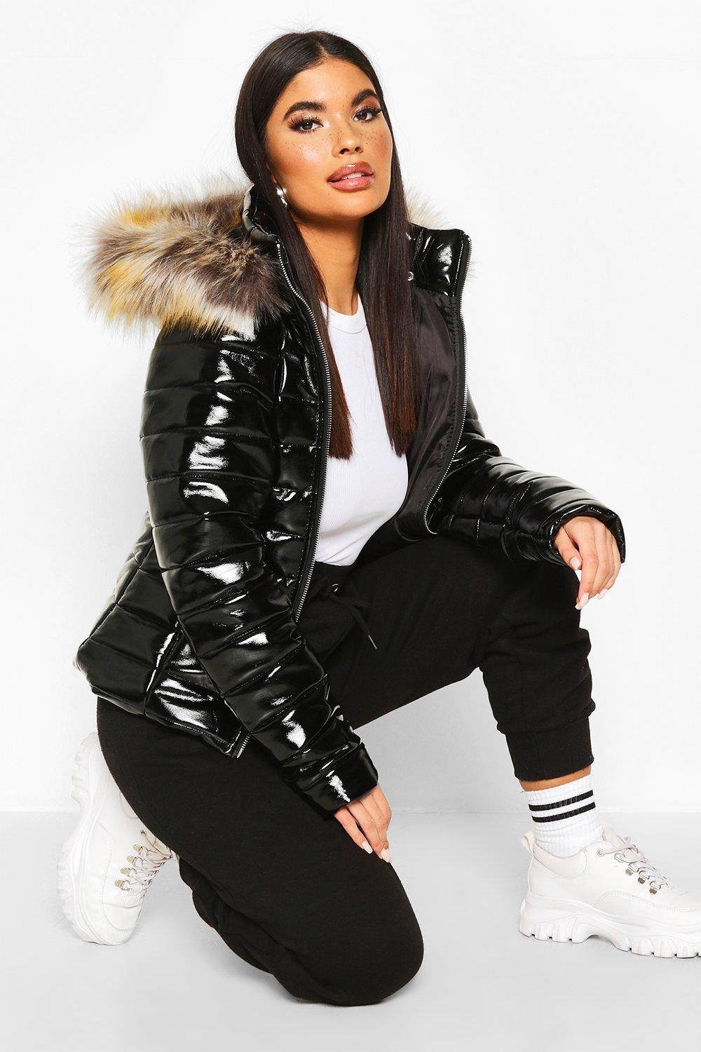 boohoo Womens Petite High Shine Faux Fur Trim Hooded Coat - Black - L, Black