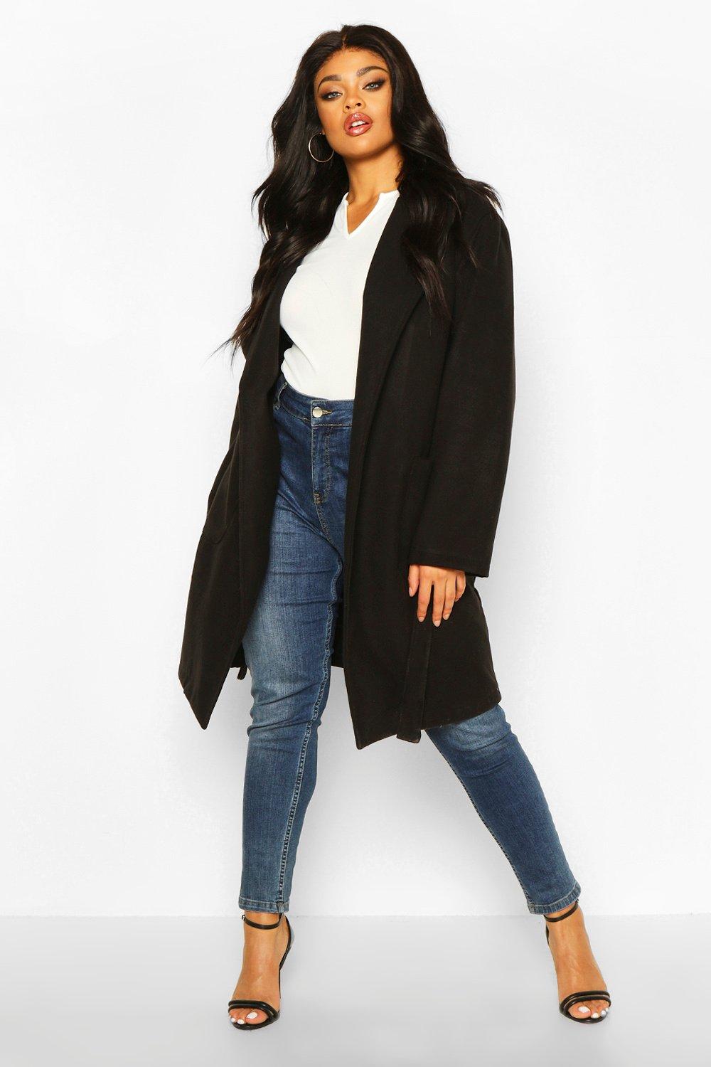 boohoo Womens Plus Heavy Wool Look Wrap Duster Coat - Black - 18, Black
