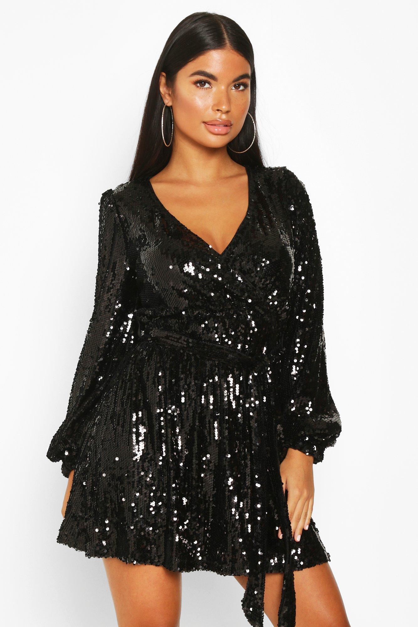 boohoo Womens Petite Balloon Sleeve Wrap Sequin Mini Dress - Black - 4, Black
