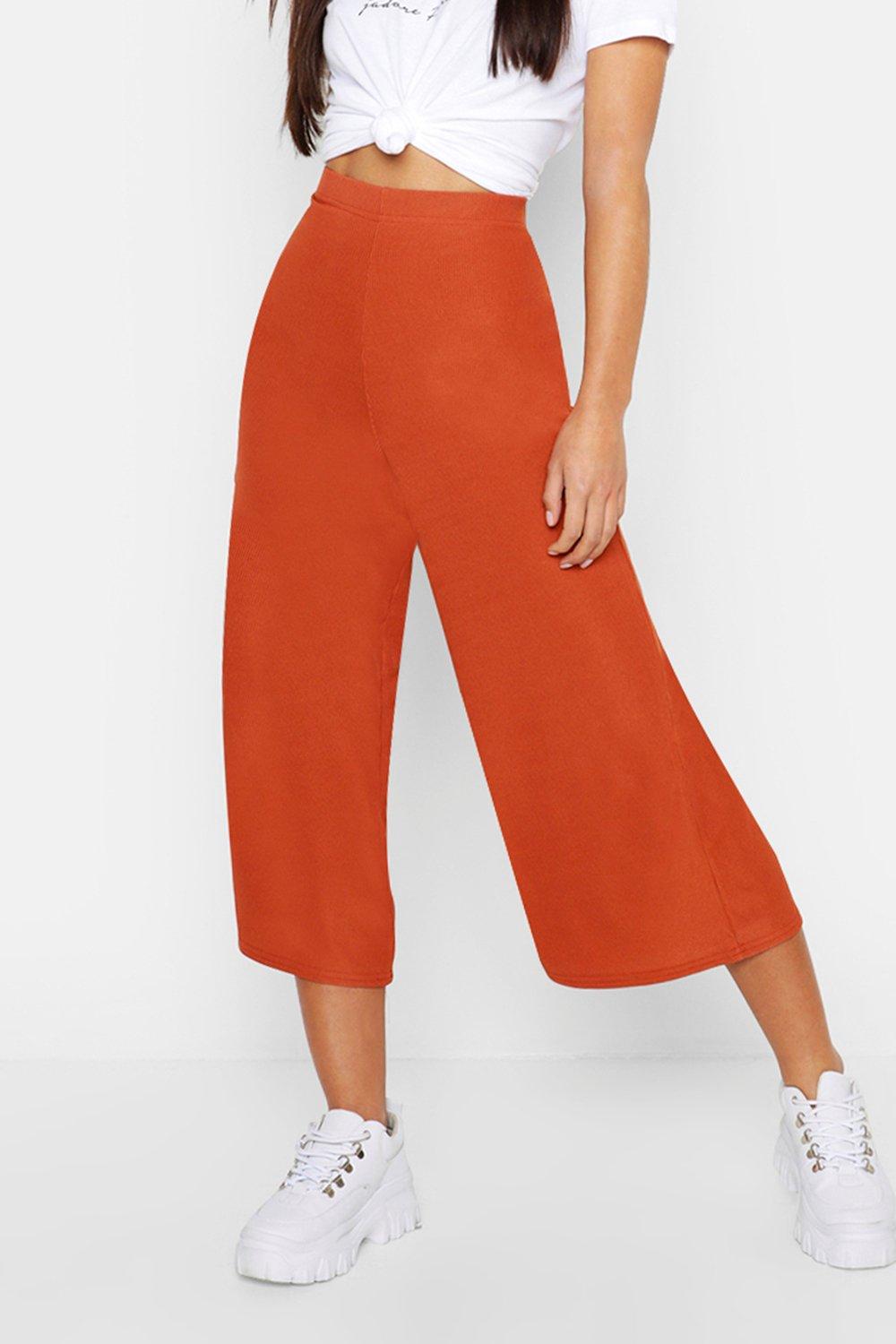 Boohoo Petite Geribbelde Culottes Met Wijde Pijpen, Terracotta