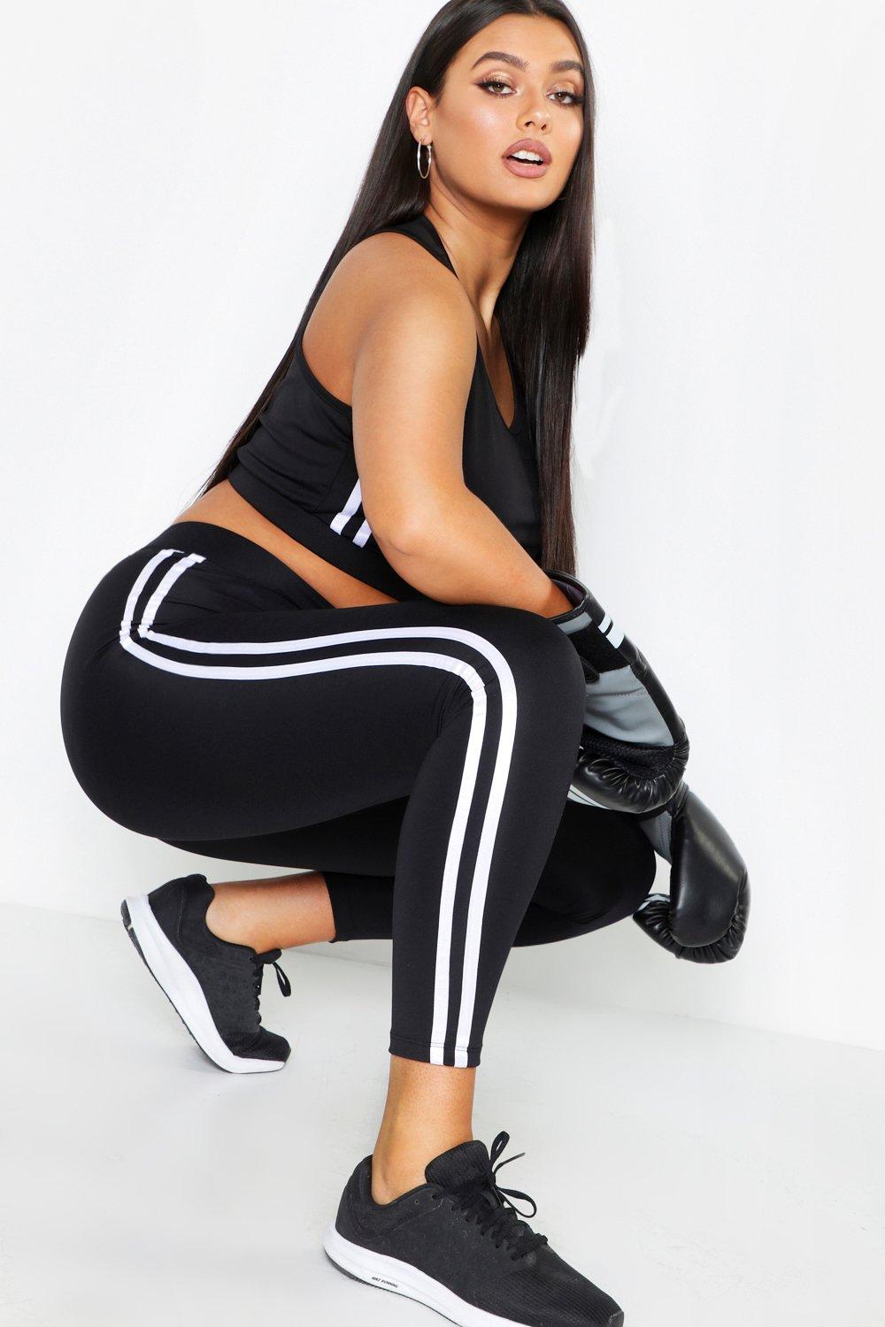 Womens Plus Activewear Side Stripe Running Gym Leggings - Black - 28, Black