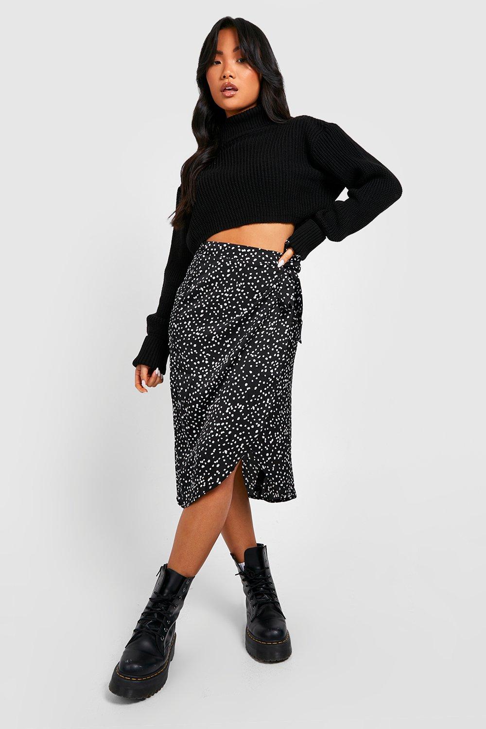 Petite Printed Satin Wrap Skirt, Black