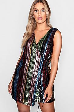 Plus Rainbow Sequin Wrap Dress