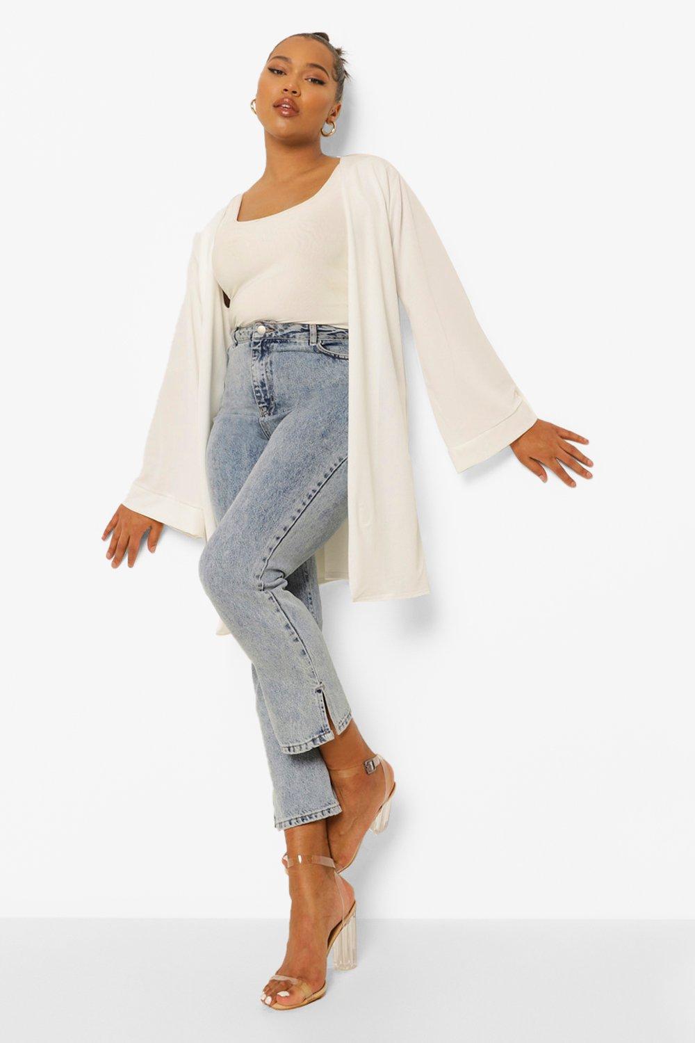 boohoo Womens Plus Crepe Kimono Sleeve Duster - White - 24, White