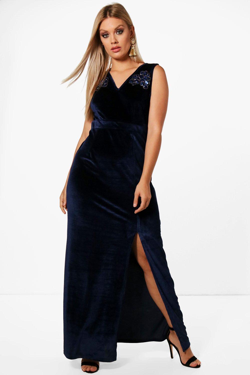 Plus Plunge Trim Detail Velvet Maxi Boohoo