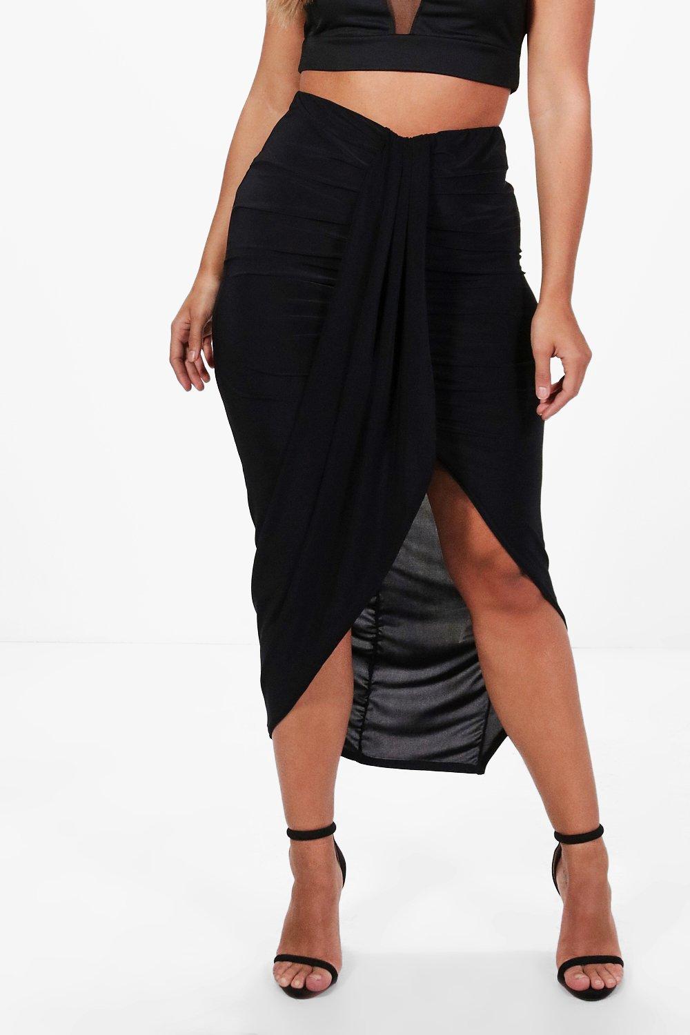 Boohoo Womens Plus Renee Ruched Wrap Front Maxi Skirt Ebay