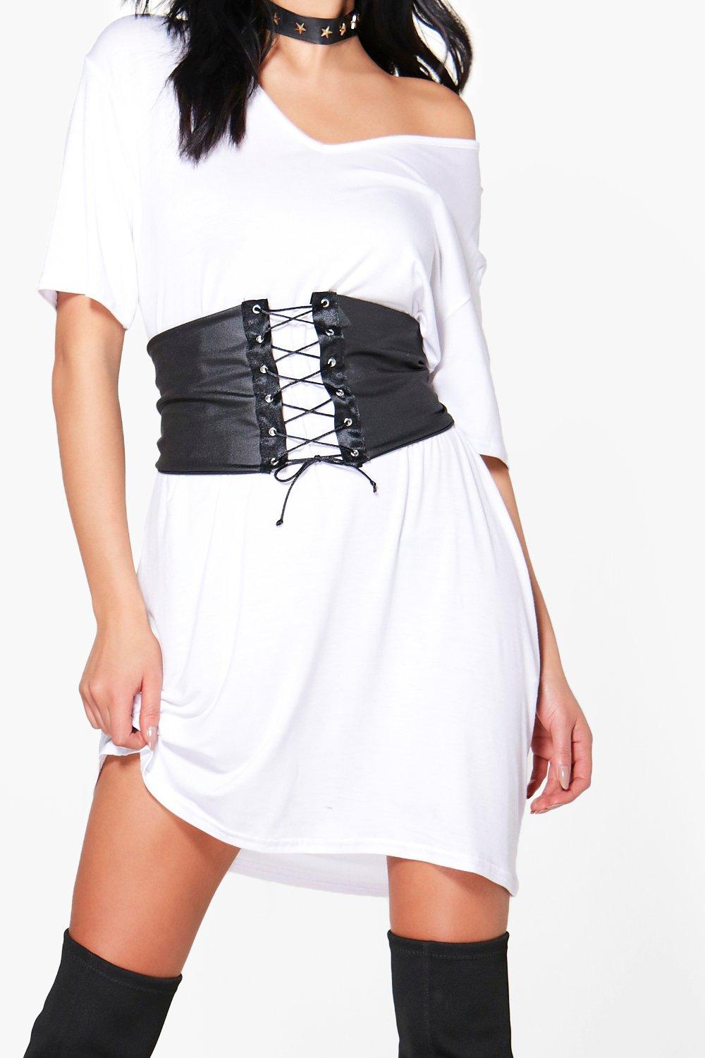 white t shirt dress with black corset