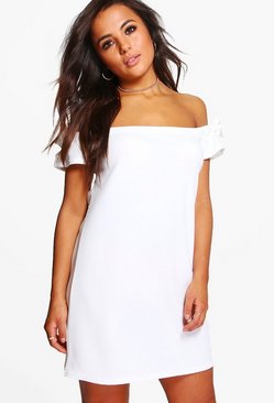 Petite Lacey Off The Shoulder Tie Sleeve Shift Dress