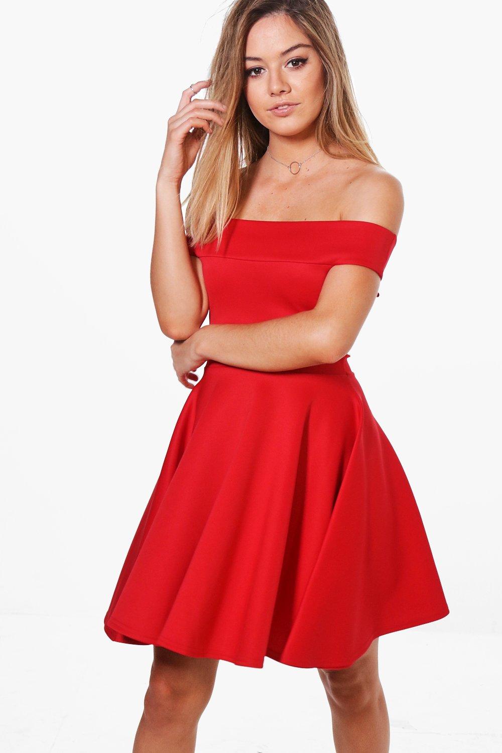 red off the shoulder dress boohoo