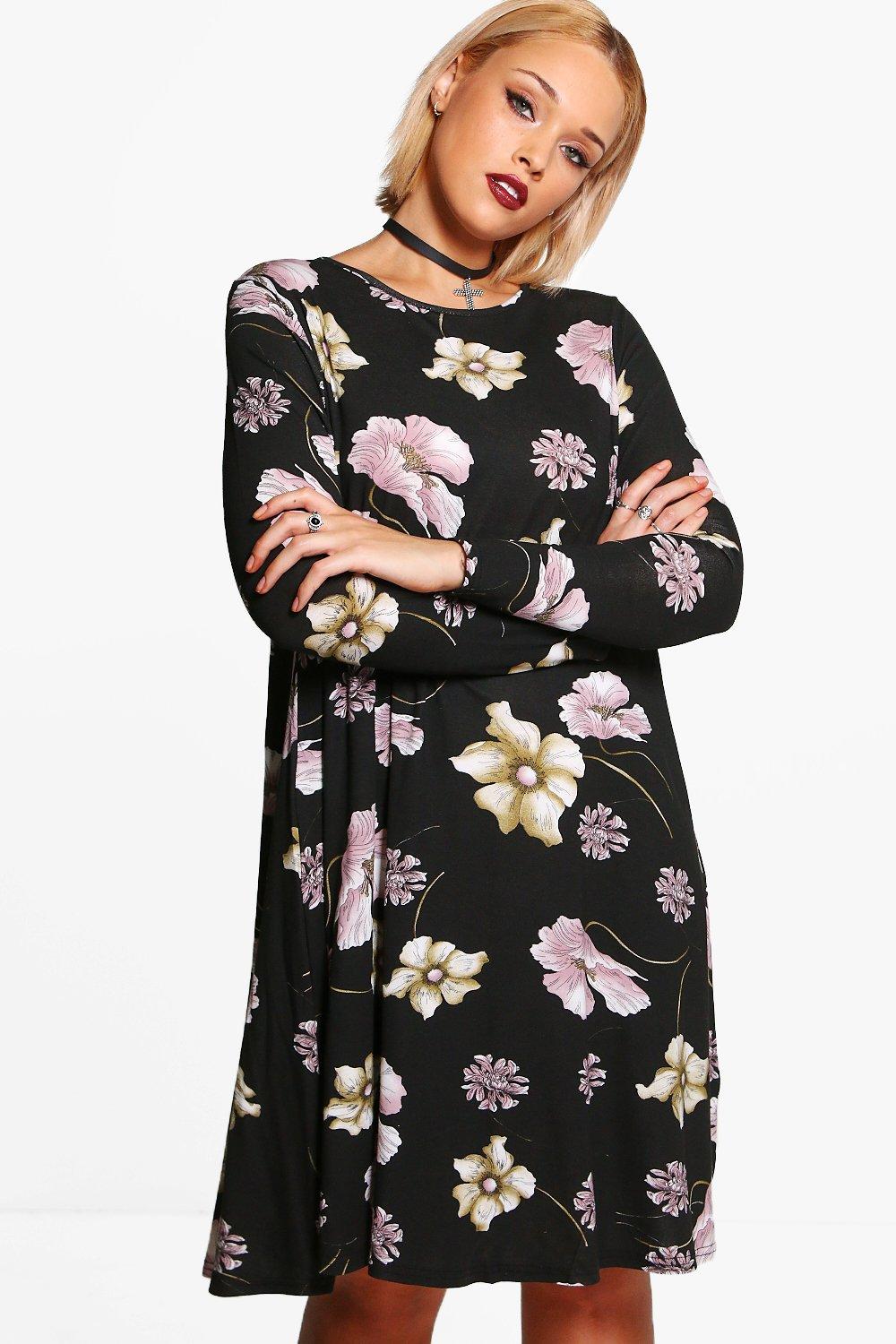 Plus Naomi Dark Floral Print Swing Dress