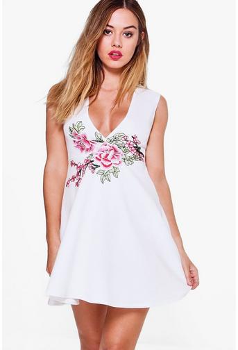 Petite Zoe Applique Detail Plunge Skater Dress